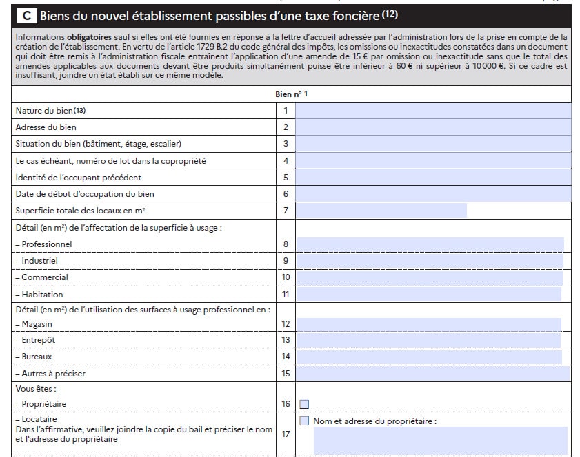 formulaire 1447 cadre C Biens du nouvel etablissement passibles de taxe fonciere