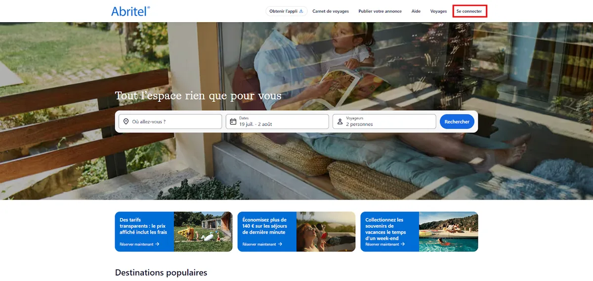 Bouton « Se connecter » de la page d'accueil Abritel, pour créer un compte propriétaire