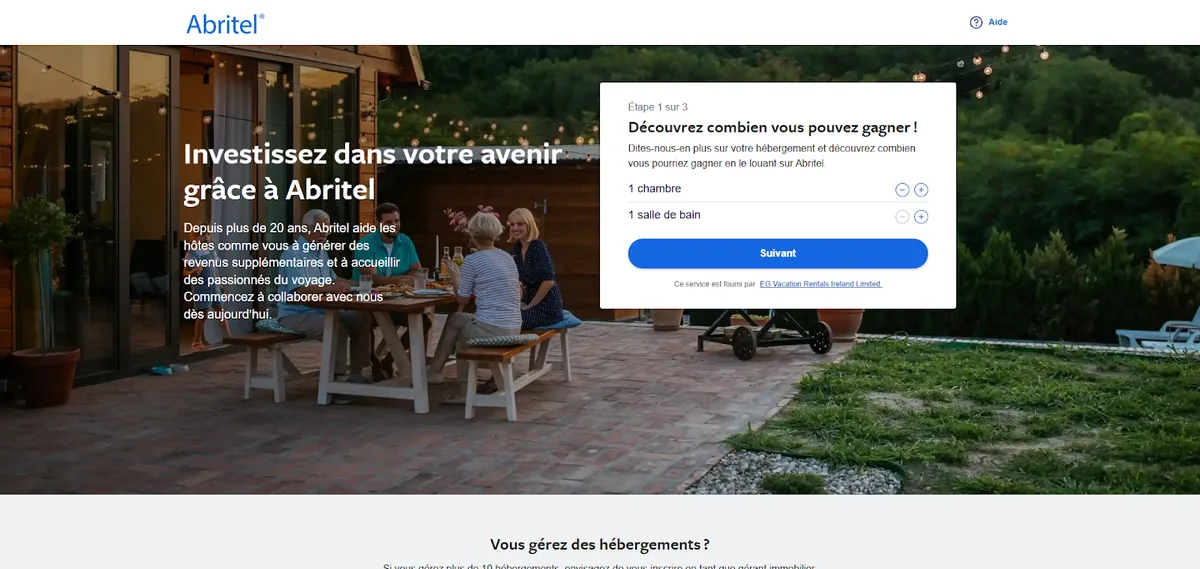 Page Abritel pour estimer vos revenus et mettre votre logement en ligne