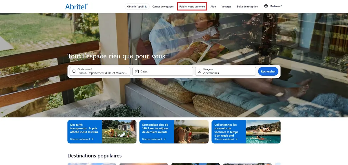 Lien « Publier votre annonce » sur la page d'accueil Abritel