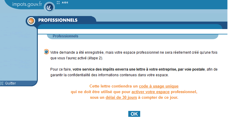 confirmation création espace professionnel